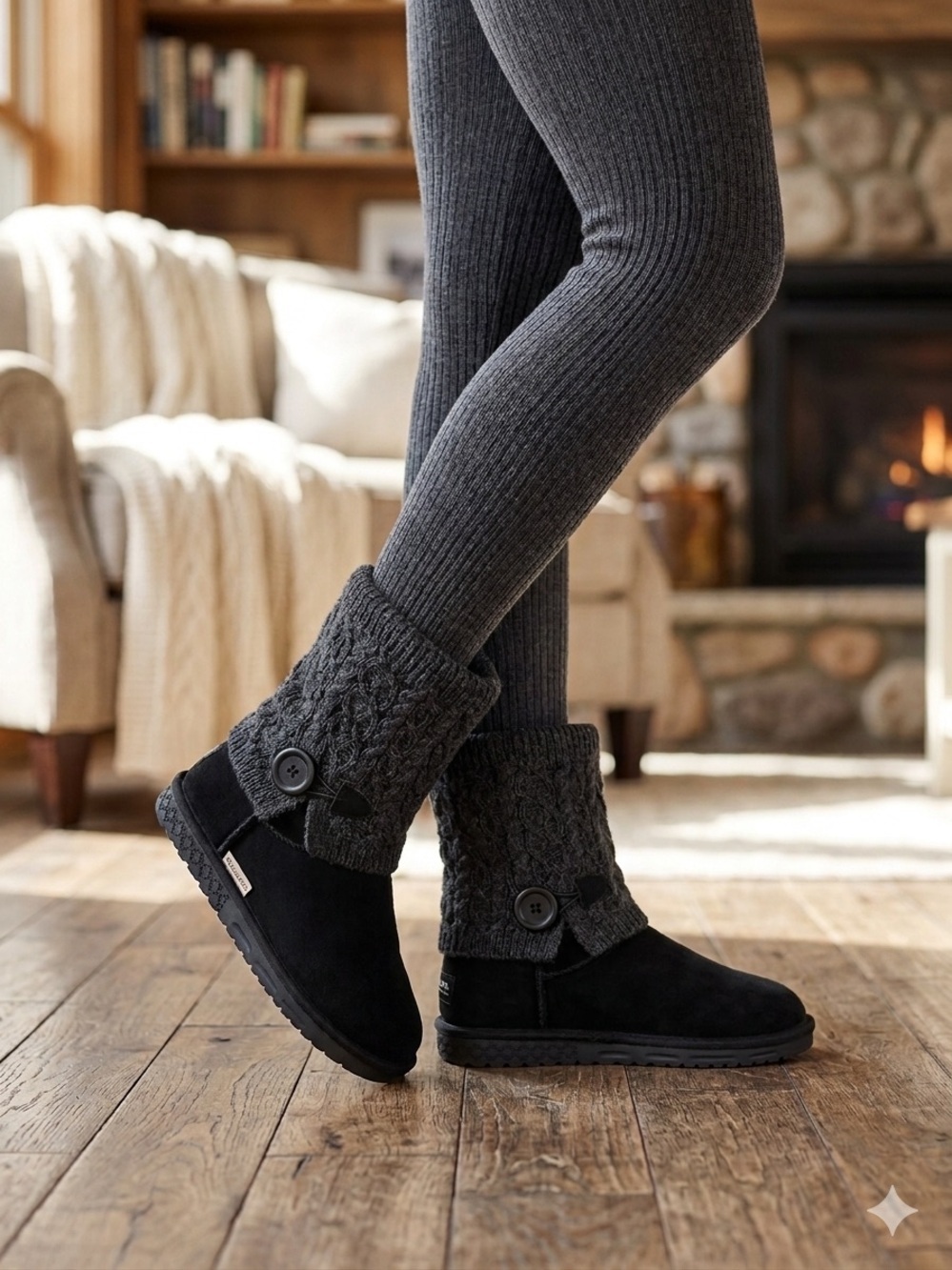 New Muk Luks Size 9W Black Cozy Cable Knit Boot with Button Detail NWT